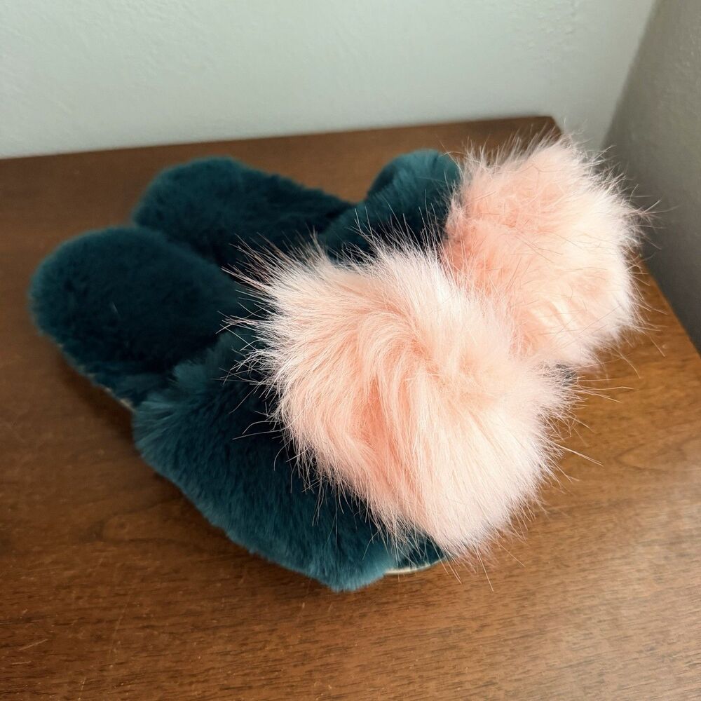 Shiraleah Slippers Pom Pom Green Pink L/XL 9-11 Fuzzy Girly NEW